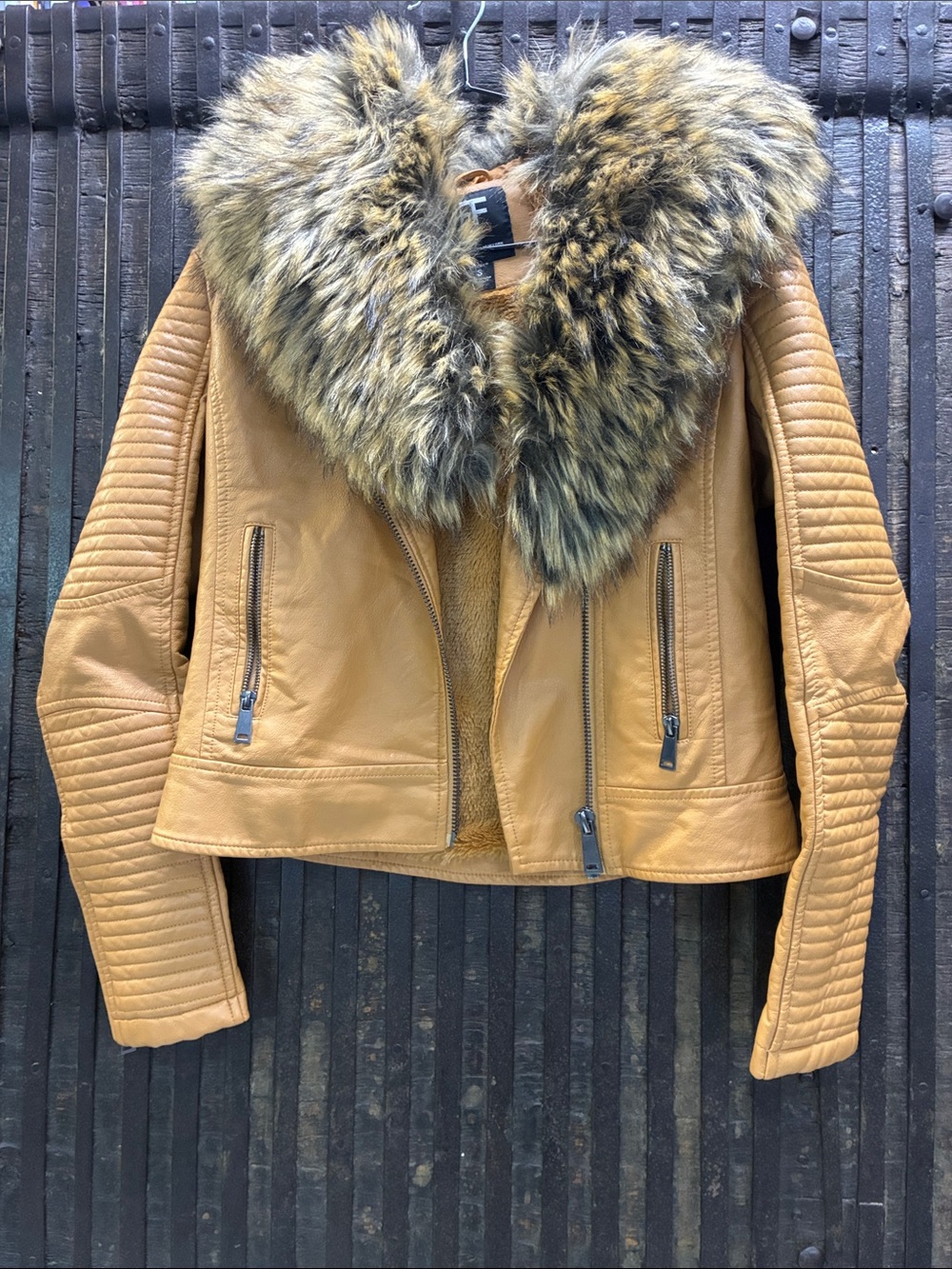 Red Fox Women's Cognac Leather Jacket with Faux Fur Collar